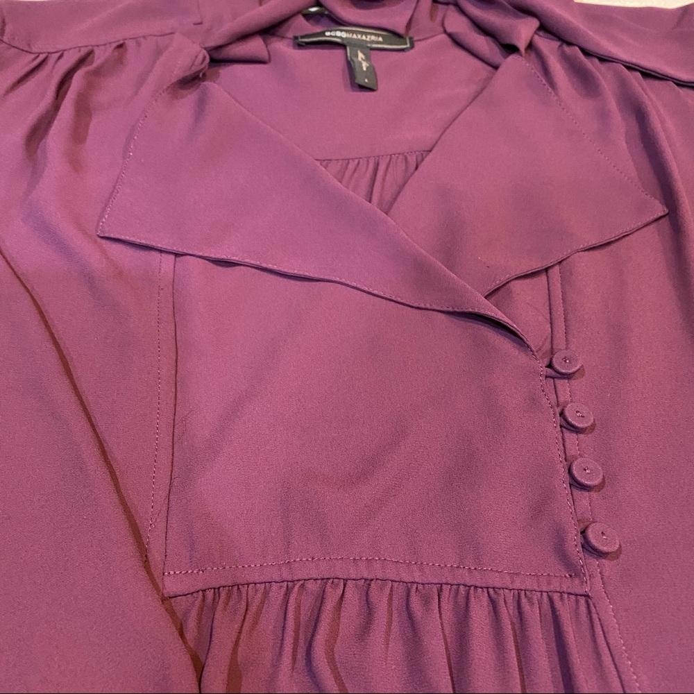 BCBGMaxazria Long Sleeve DaMario Mini Dress w Front Neck Sash in Berry - Picture 7 of 11